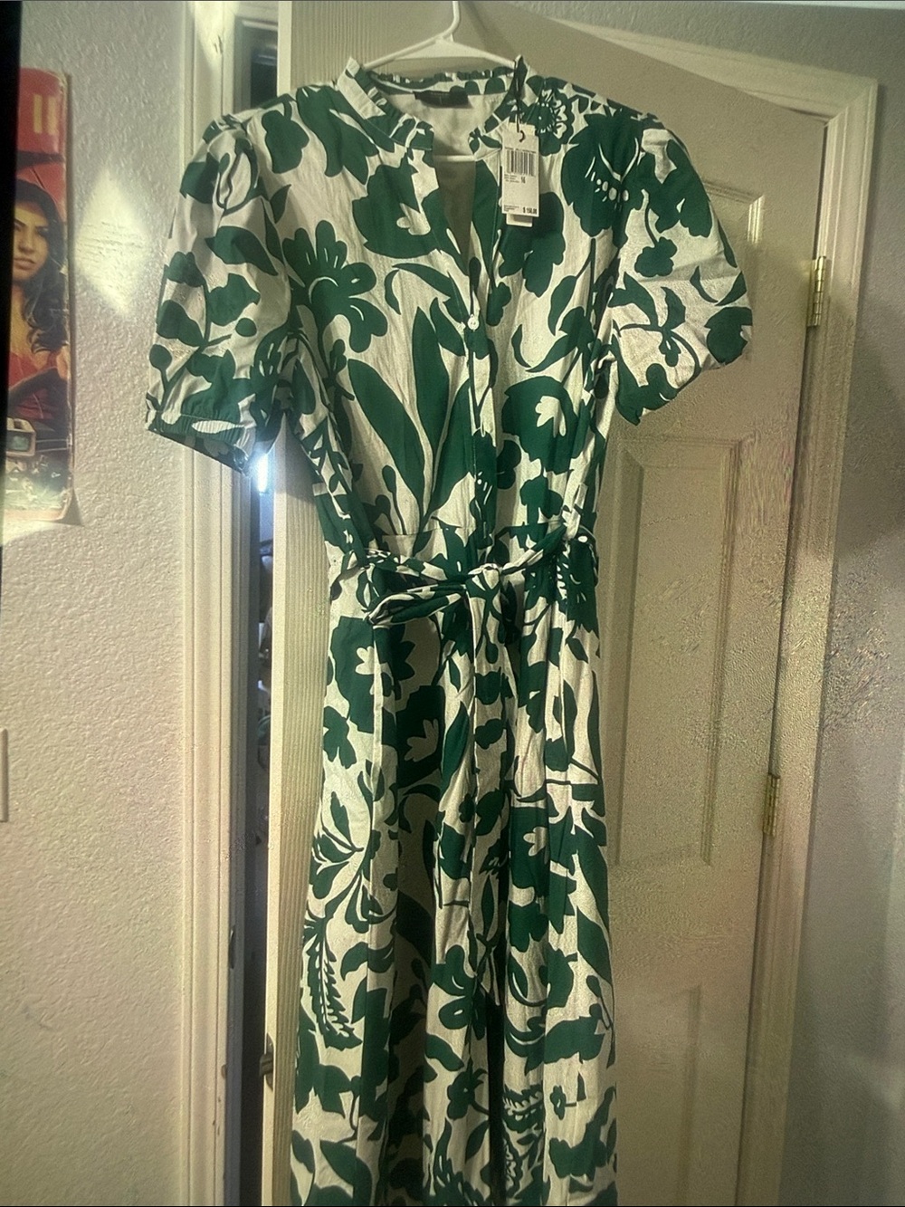 Green and White Floral Tie-Waist Midi Dress
